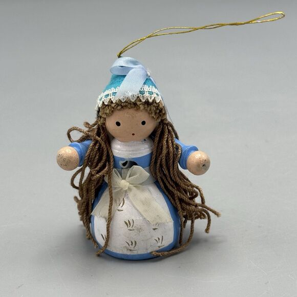 Vintage Wooden Girl Christmas Tree Ornament Handpainted Yarn Hair Brown Blue 3" - Picture 3 of 7